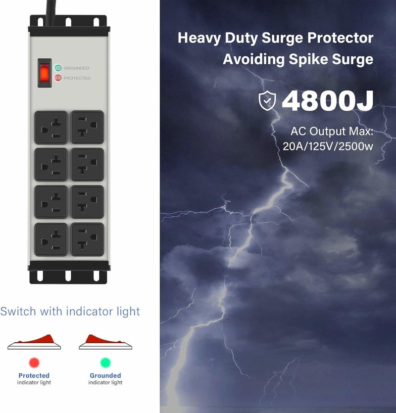 CCCEI Heavy Duty Power Strip Surge Protector 20 AMP, 8 Outlets 12 Gauge Industrial Shop Garage Metal Multiple Outlets, 6 FT Extension Cord 5-15P Adapter High Amp 6-20R T-Slot 20a for Appliance - Image 2